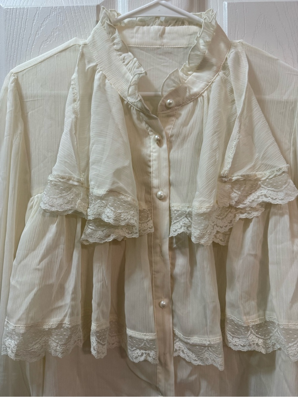 CIDER Chiffon High Neck Soild Lace Faux Pearl Long Sleeve Blouse L - Picture 10 of 12